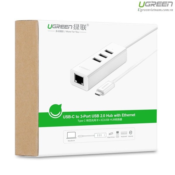 Cáp USB Type C ra 3 cổng USB 2.0 hỗ trợ Lan 10/100Mbps chính hãng Ugreen 20792 cao cấp