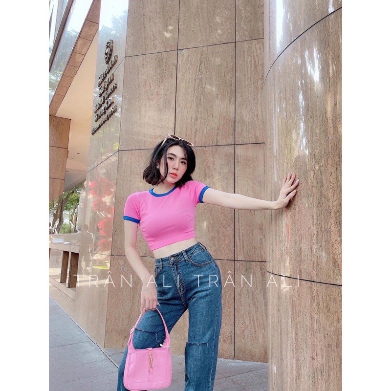 áo kiểu croptop cổ tròn trơn phối viền màu cực xinh , chất thun bozip mềm mịn ( ảnh thật)