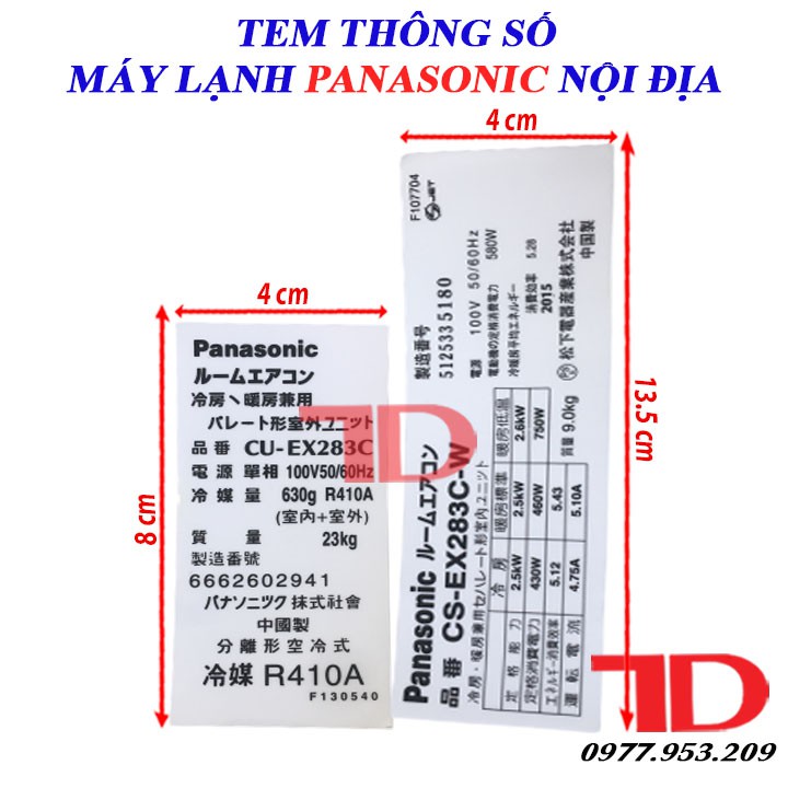 Tem thông số máy lạnh PANASONIC nội địa EX283C