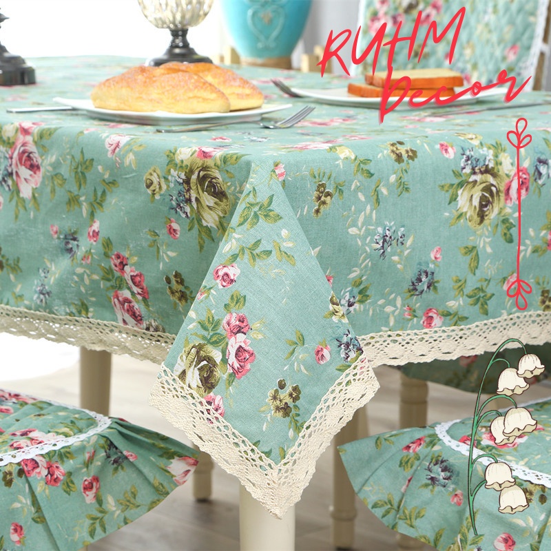 Khăn trải bàn làm việc vải bố canvas trang trọng, lịch sự - họa tiết Hoa xanh vintage - KB-K04