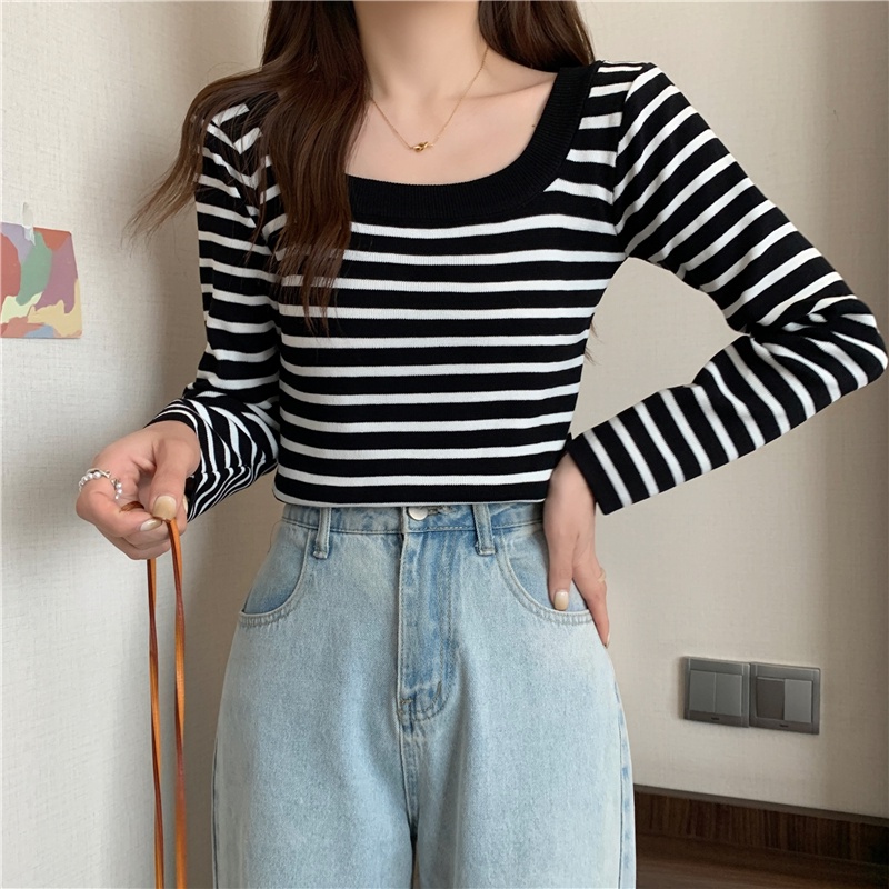 Áo len ZHELIHANGFEI tay dài họa tiết kẻ sọc thời trang dành cho nữ