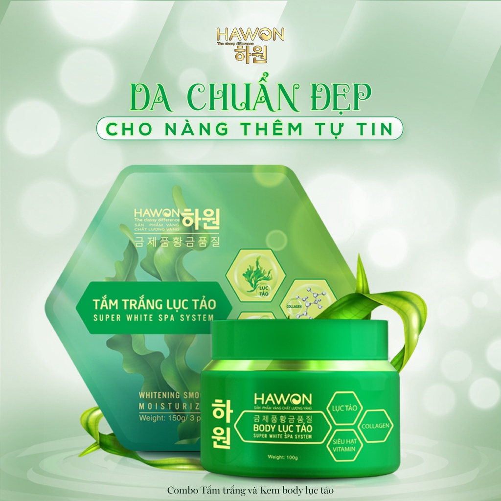 Combo Tắm Trắng + Kem Body Dưỡng Trắng Da Chiết Xuất Lục Tảo HAWON