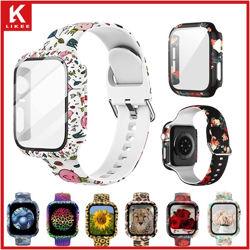 Mới Dây Đeo Đồng Hồ Bằng Silicon + Kính Cường Lực In Họa Tiết Thời Trang Cho Apple Watch 44mm 40mm SE 6 5 4 3 2