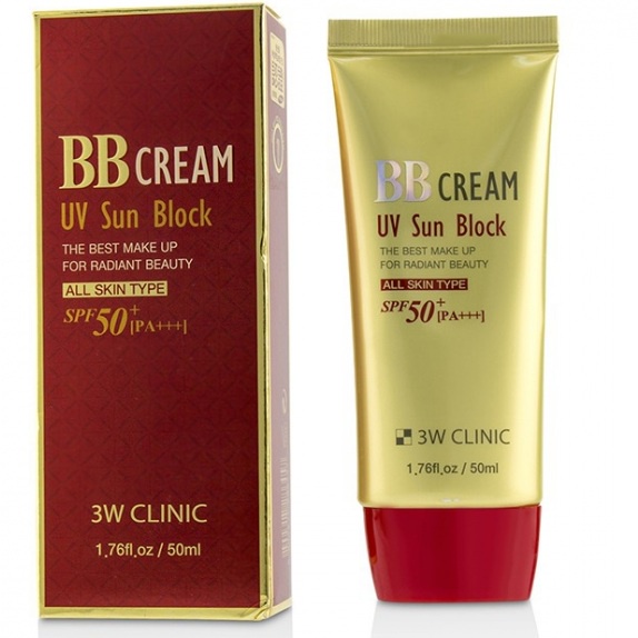 Kem Nền Trang Điểm Lên Tông, Dưỡng Trắng Da BB Cream UV Sun Block 3W Clinic Hàn Quốc 50ml- VỎ ĐỎ