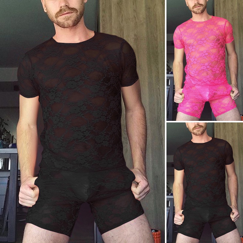 Bộ áo thun và quần đùi INCERUN bằng vải lưới mỏng xuyên thấu thời trang thông thường cho nam