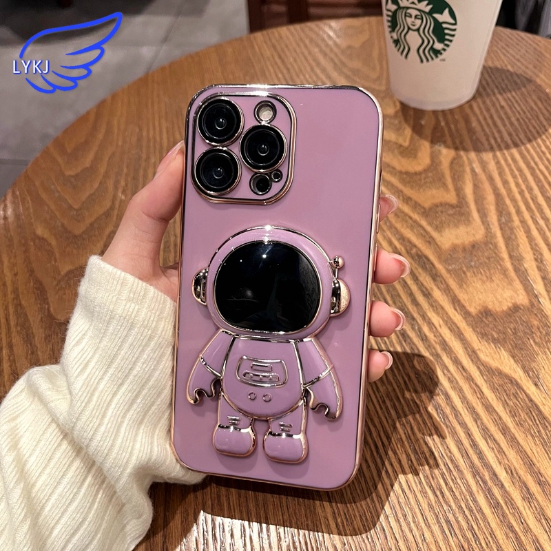 Ốp Điện Thoại Màu Trơn Có Giá Đỡ Mạ Điện Họa Tiết Phi Hành Gia Cho iPhone 13 12promax xs xr xsmax 11promax