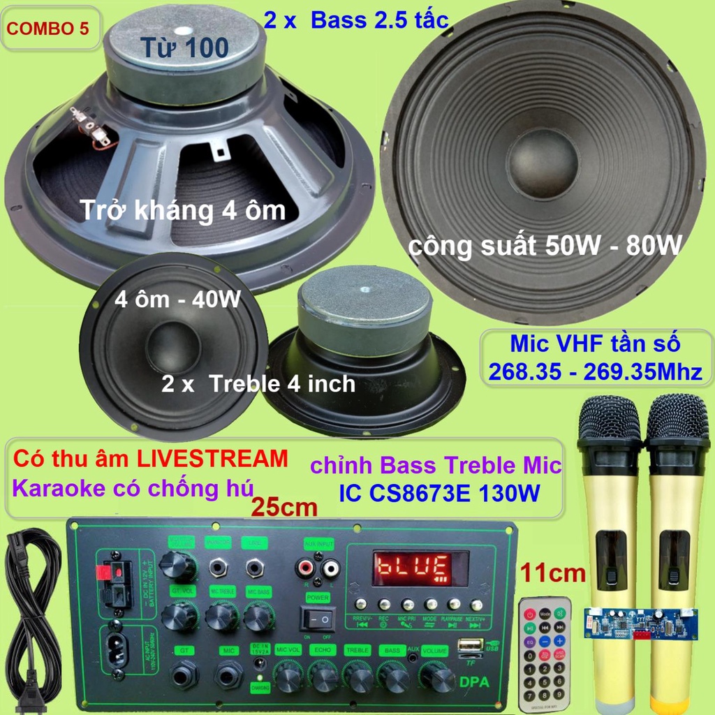 Combo loa kéo 2.5 tấc đôi CS8673E 130W Thu âm Livestream Karaoke chống hú chỉnh Bass Treble Mic nguồn xung 220V