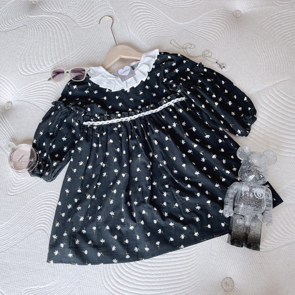 Váy Lennco nhung tăm đen cổ xếp ly cho bé gái