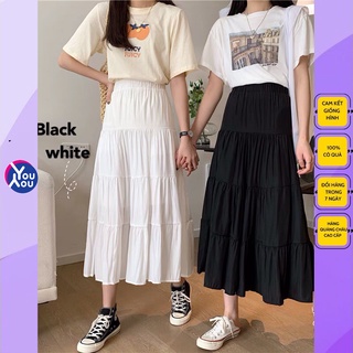 Chân váy dài ullzang xếp tầng chữ A, chân váy vintage voan lụa 2 lớp cực hot