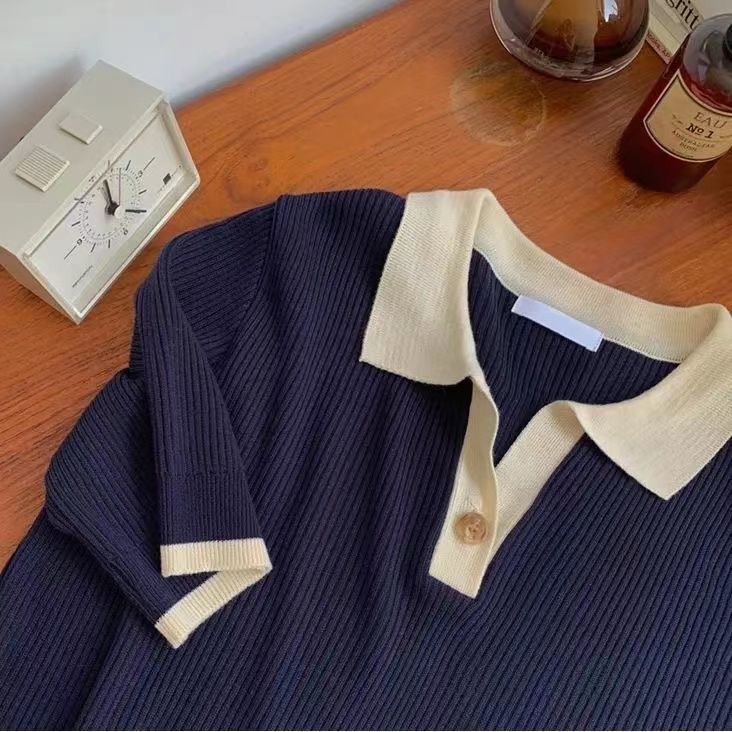 Áo Thun Lụa Lạnh Dệt Kim Mỏng Cổ Polo Ngắn Tay Thời Trang Hè Sành Điệu Dành Cho Nữ