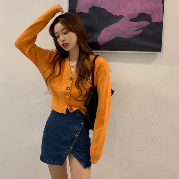 ihkke Áo khoác cardigan dệt kim dáng ngắn phối nút màu cầu vồng phong cách Hàn Quốc trẻ trung cho nữ