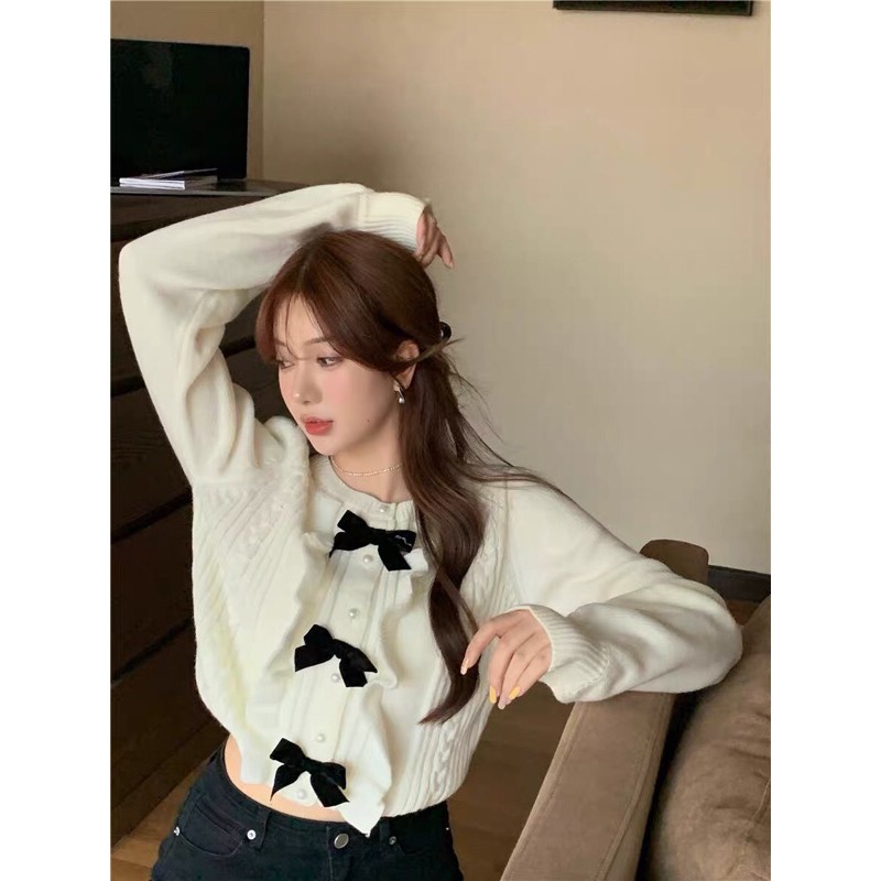 Ròm [Order] ÁO LEN CARDIGAN PHỐI BÈO NƠ ĐEN SIÊU XINH