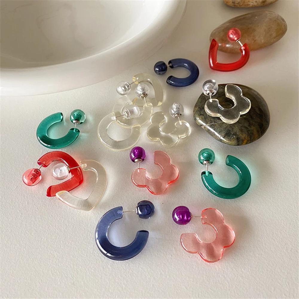 Khuyên Tai Hình Chữ C Trong Suốt Họa Tiết Hoa Mận Phong Cách Hàn Quốc