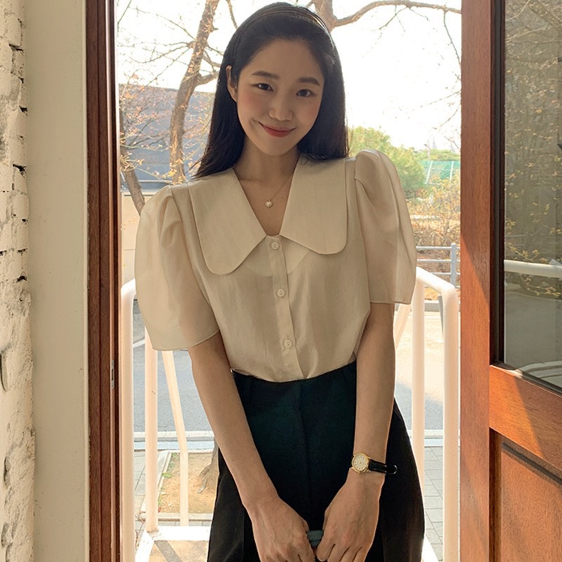 Hàng Có Sẵn Mới! Áo Tay Ngắn Vạt Bèo Nhún Dáng Rộng Phong Cách Hàn Quốc Cho Nữ