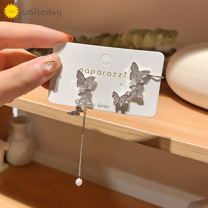 Bông Tai Dáng Dài Hình Bướm Đính Đá Và Ngọc Trai Nhân Tạo 925