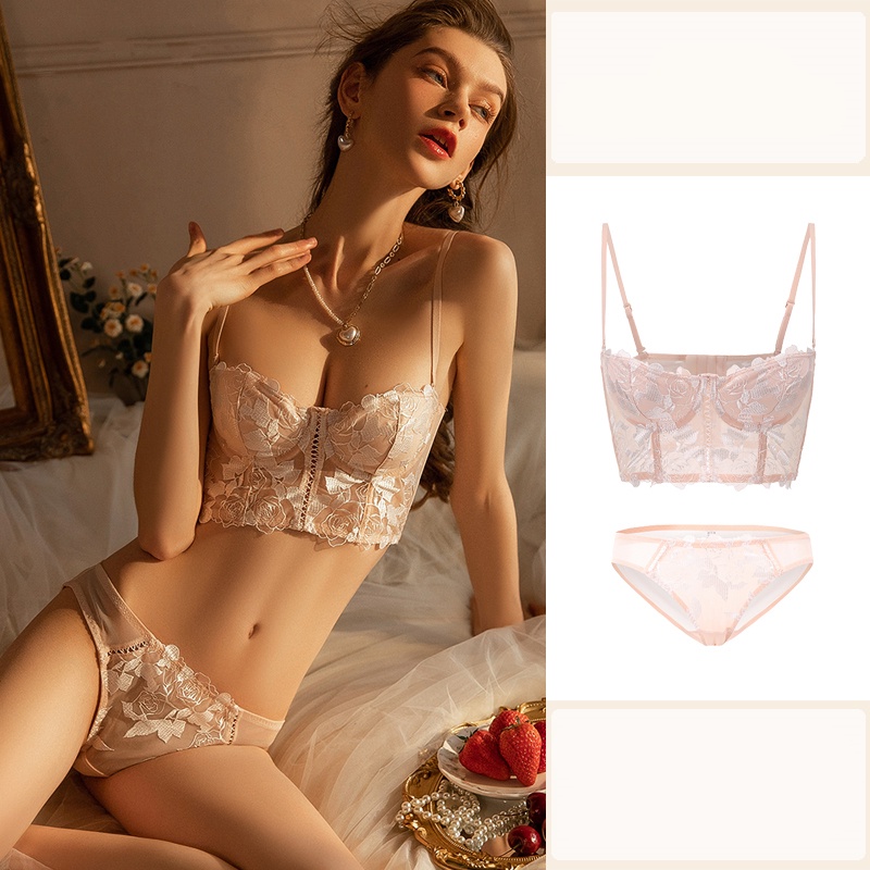 1 Bộ Áo Lót Nâng Ngực + Quần Lót Mềm Mại Thêu Ren Gợi Cảm Có Đệm Nâng Ngực Chống Chảy Xệ Cho Nữ
