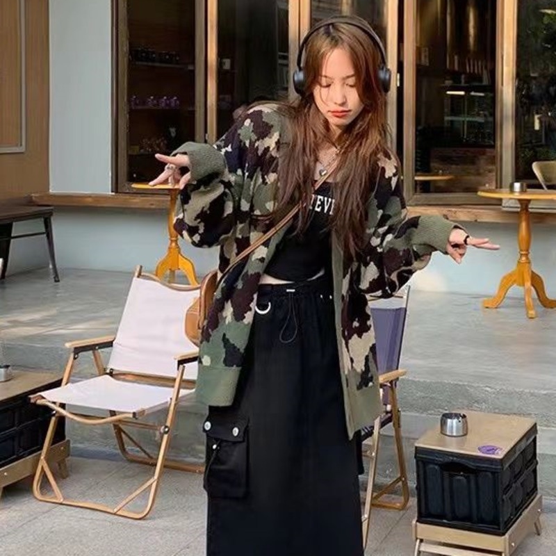 Áo Khoác Len Jacquard Tay Dài Màu Sắc Tương Phản Phong Cách Hàn Quốc