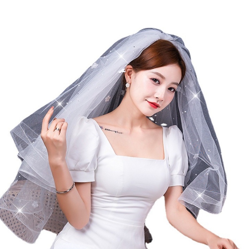 Mạng Che Mặt Cô Dâu Đính Hạt Ngọc Trai Và Lược Cài Tóc Đôi Kiểu Hàn Quốc 65cm