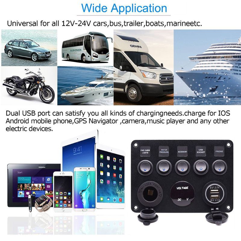 Công tắc 5 phím vặn tắt kết nối 2USB 12V dùng cho xe ô tô / xe tải / thuyền bè