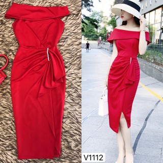 Váy đỏ trễ vai ngọc eo hàng thiết kế V1112 - Đẹp Shop DVC (Kèm ảnh thật trải sàn do shop tự chụp)