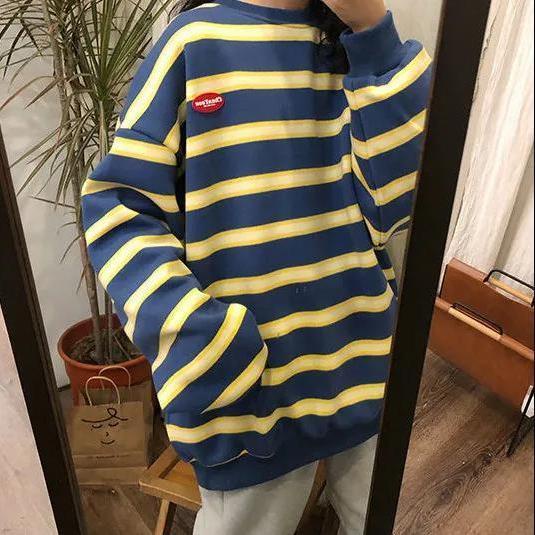 Áo sweater lông cừu dày dáng rộng kẻ sọc kiểu Hàn Quốc dễ thương cho nữ