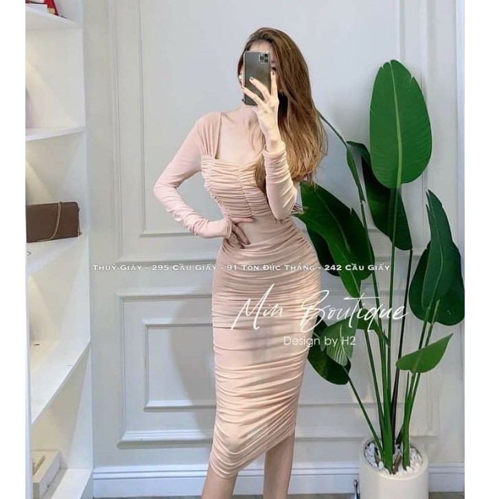 [HÌNH THẬT] Đầm body dài tay nhún thân form dài CHẤT THUN đẹp xuất sắc | BigBuy360 - bigbuy360.vn