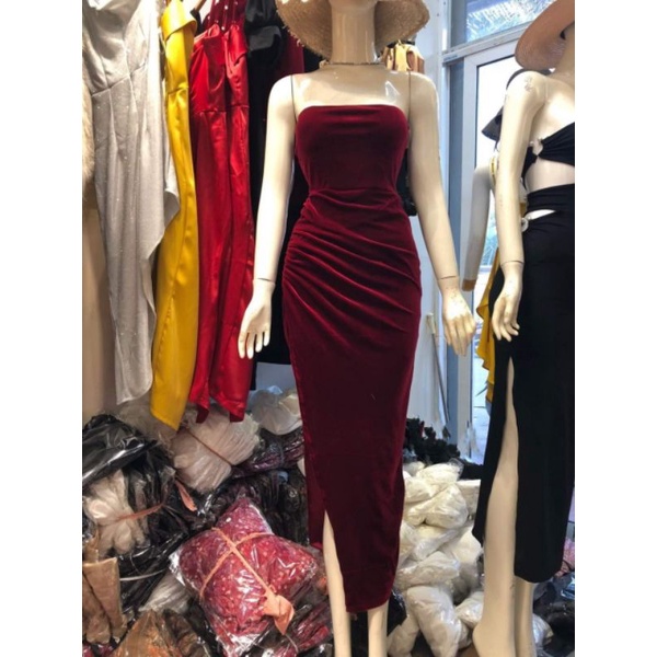 Đầm maxi nhung xẻ đùi xếp ly