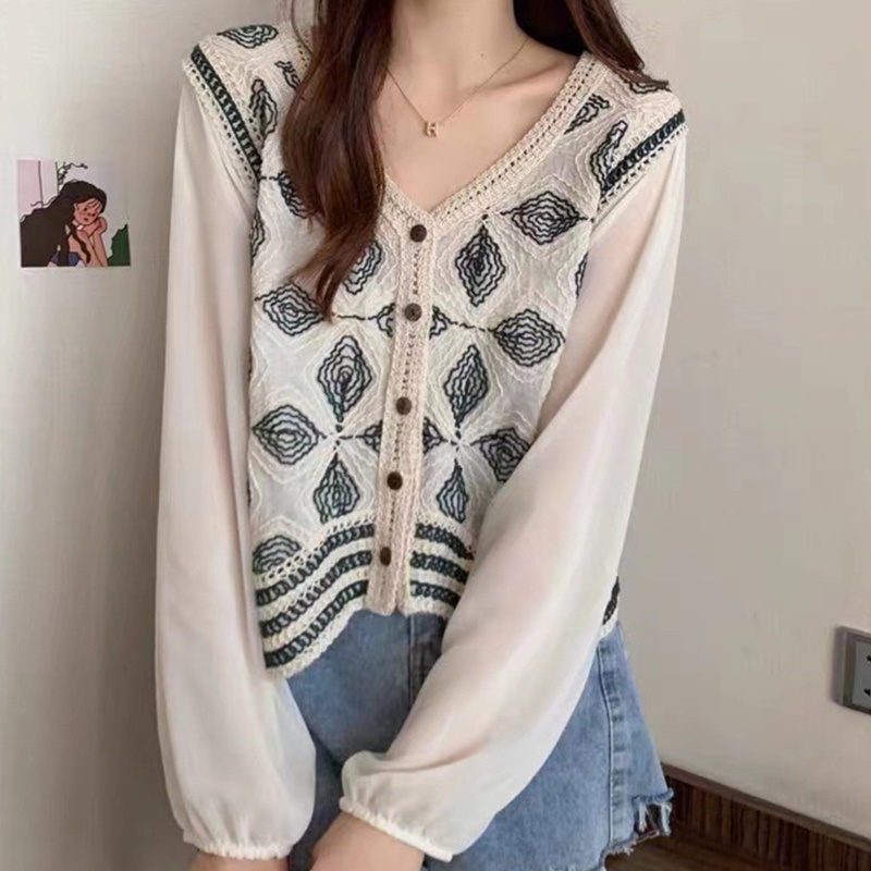 Áo Sơ Mi Chiffon Tay Dài Dáng Rộng Cổ Chữ V Phối Nút Thời Trang Cho Nữ