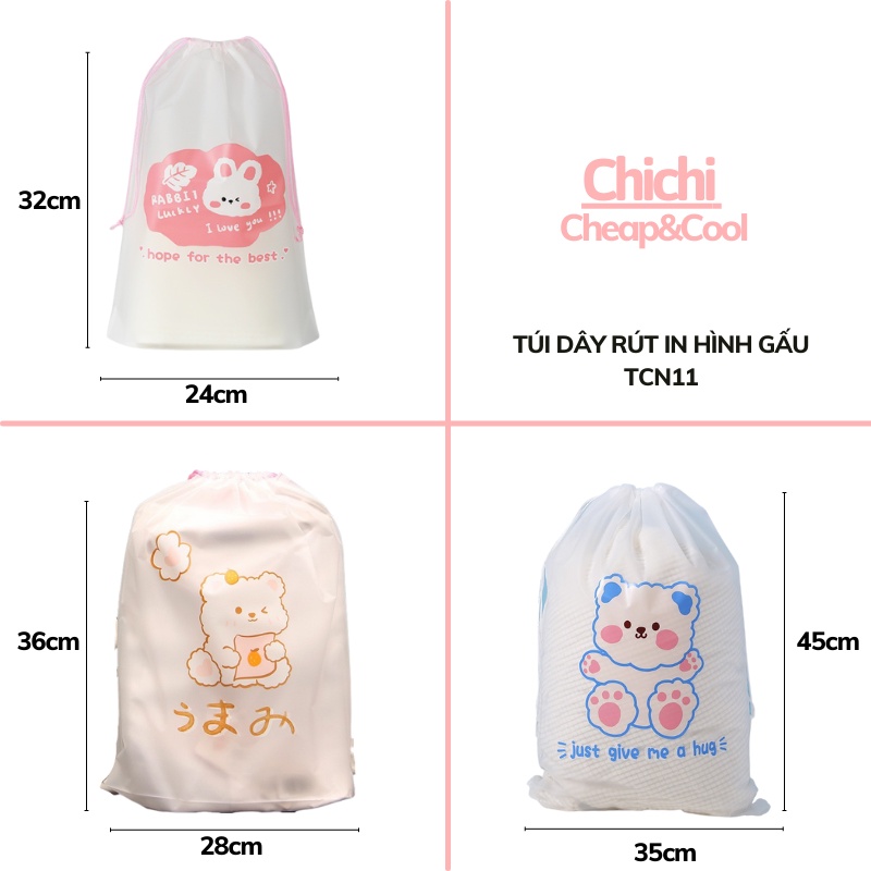 Túi dây rút in hình gấu cute chống nước túi zip đựng mỹ phẩm đồ cá nhân quần áo giầy dép ChiChi TCN11