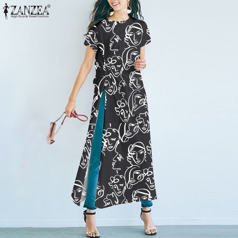 Áo kiểu Zanzea tay ngắn cổ tròn phong cách retro cho nữ