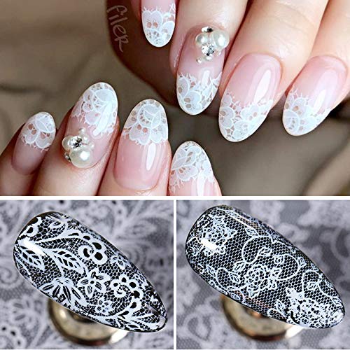 Set 16 Nhãn Dán Móng Tay Tự Dính Họa Tiết Ren Trắng Đen Thời Trang DIY