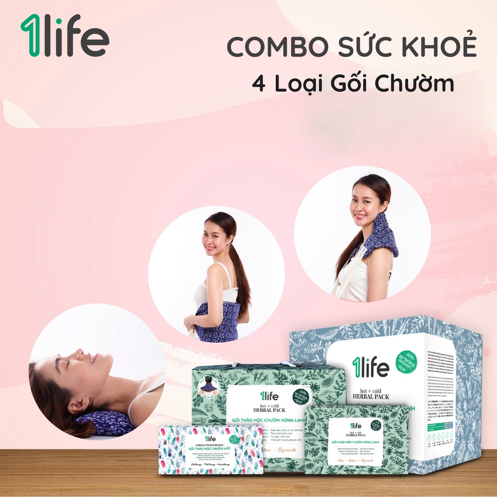Combo Sức Khỏe 1LIFE: Gối chườm thảo dược Cơ Bản, Lưng Bụng, Cổ Vai Gáy, Mắt