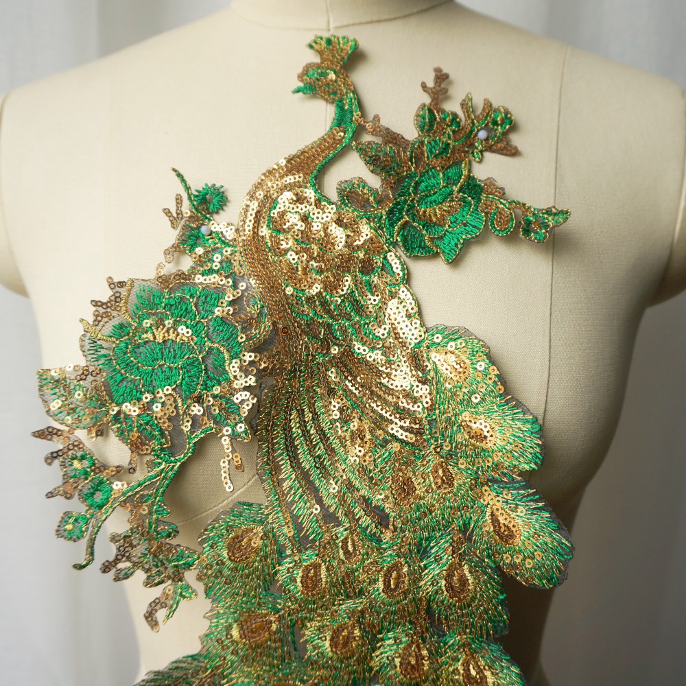 Huy Hiệu Thêu Hình Chim Công Đính sequin Màu Xanh Lá diy