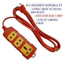 Ổ cắm 3 lỗ siêu chịu tải 3000W Sopoka dây dài  3m và 5m