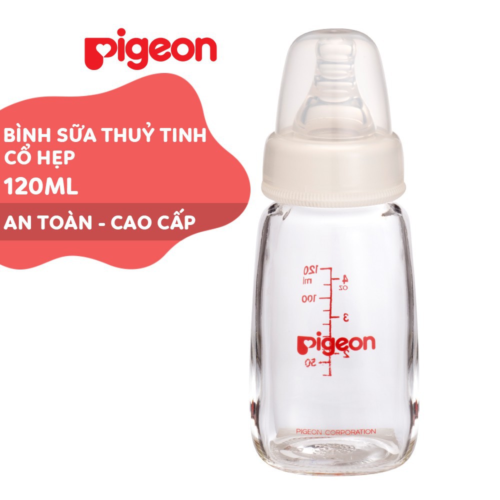 Bình sữa Pigeon thủy tinh trắng cổ hẹp với núm ti silicone siêu mềm cho bé 120ml / 240ml
