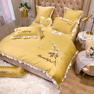 Trọn bộ chăn ga gối lụa cúc vàng, set 7 món xinh lung linh