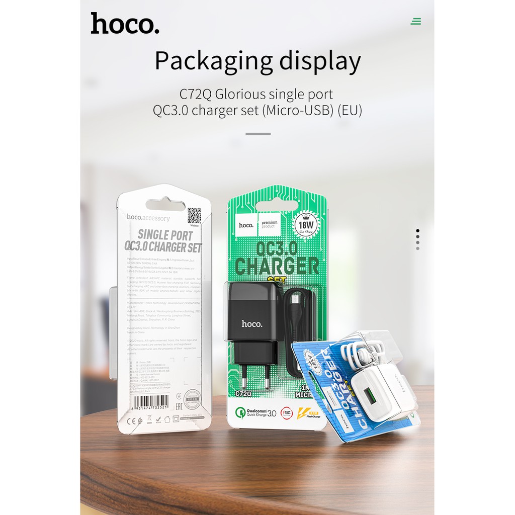 ⚡NowShip⚡💎 Bộ Sạc Nhanh 18W Hoco C72Q 3A Type C Micro USB PVC An Toàn Cho Samsung Huawei Xiaomi Oppo Android Chính Hãng