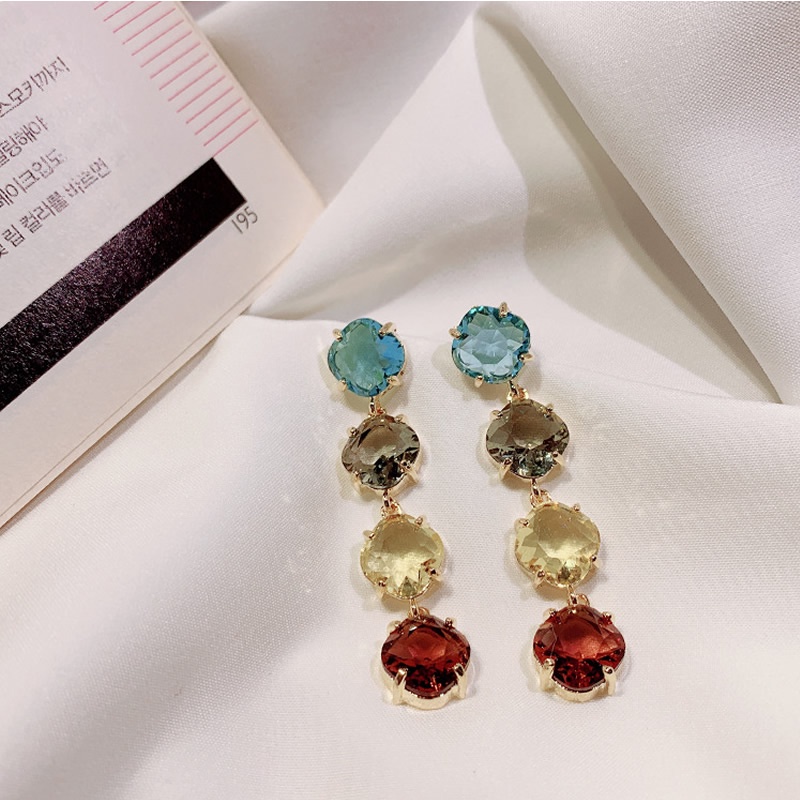 PINKDUDU Bông Tai Dáng Dài Hình Tròn Đính Pha Lê Nhiều Màu Thời Trang Phong Cách Bohemian Cho Nữ PD400