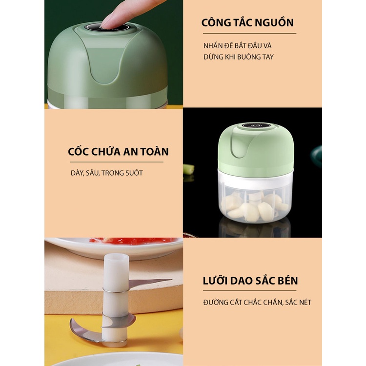 Máy xay đa năng mini, xay thịt, xay tỏi ớt, các loại gia vị - Sạc pin tích điện vô cùng tiện lợi  - Dung tích 250ml