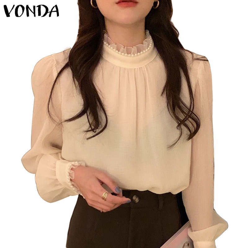 Áo Vonda tay dài cổ cao phối ren thời trang phong cách Hàn Quốc cho nữ