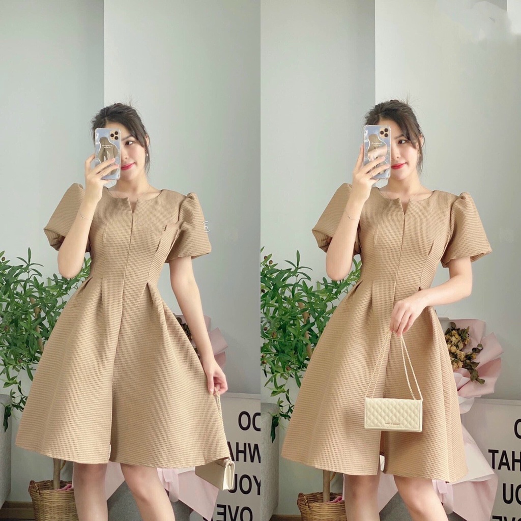 Đầm Gấm ❤️FREESHIP❤️ Dáng Xòe Cổ Tròn Tay Phồng Ngắn Chích Eo Xẻ Tà