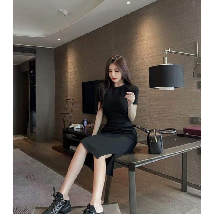 Đầm body cổ tròn tay ngắn xẻ tà 1 bên 2 màu y hình chất thun dày dặn [ VIDEO THẬT- HÌNH THẬT] | BigBuy360 - bigbuy360.vn