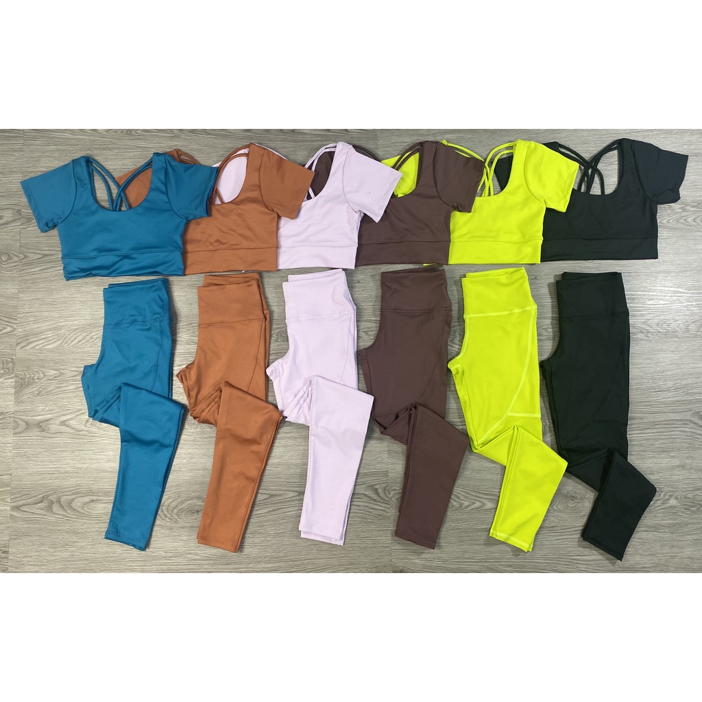 Bộ Đồ Tập Gym Yoga Nữ Quần Dài Áo Croptop Kèm Mút Đan Dây Lưng Chất Thun Lạnh Co Giãn Tốt
