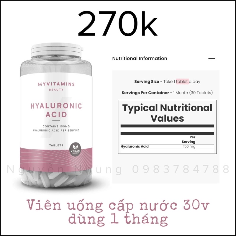 Viên uống cấp nước Hyaluronic Acid My Vitamins [bill UK]