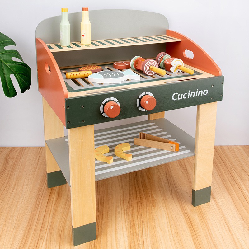 Bộ đồ chơi gỗ mô phỏng bàn bếp thịt nướng BBQ, đồ chơi tại nhà cho trẻ em