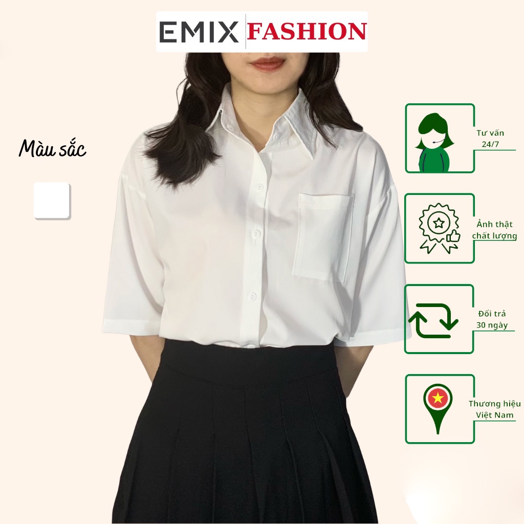 Áo sơ mi nữ cộc tay EMIX (màu trắng), basic, unisex, dáng rộng, túi trước, hàng may kỹ, vải lụa thô đẹp không lộ A045