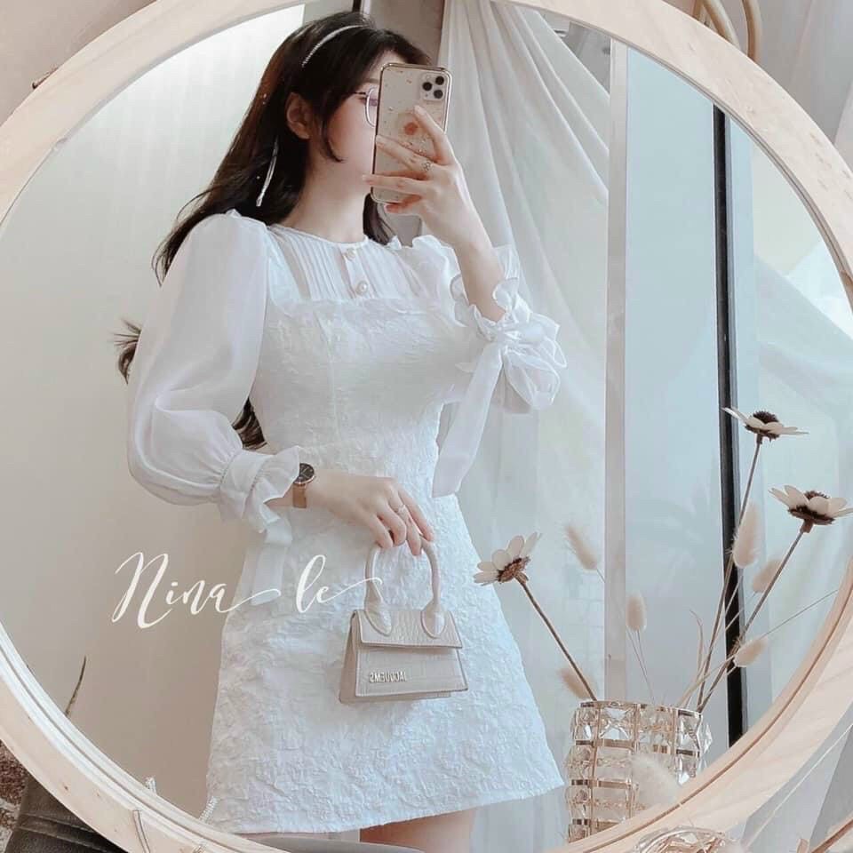 Đầm gấm trắng phối cổ voan xếp ly tay phồng💖 KÈM ẢNH THẬT 💖 BAO KIỂM ❌
