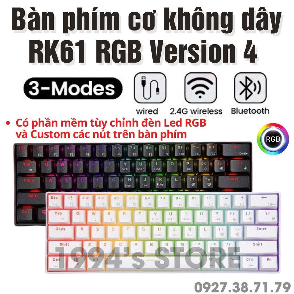 Bàn Phím Cơ RK61 Version 4.0 Bản Limited HOTSWAP - Cáp Type C - Bluetooth 5.1 - Wireless 2.4G - Phần mềm Custom Led RGB