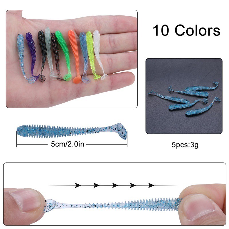 Set of 10pcs/lot soft fishing lures 50mm rainbow color T-tail that rotates Sougayilang