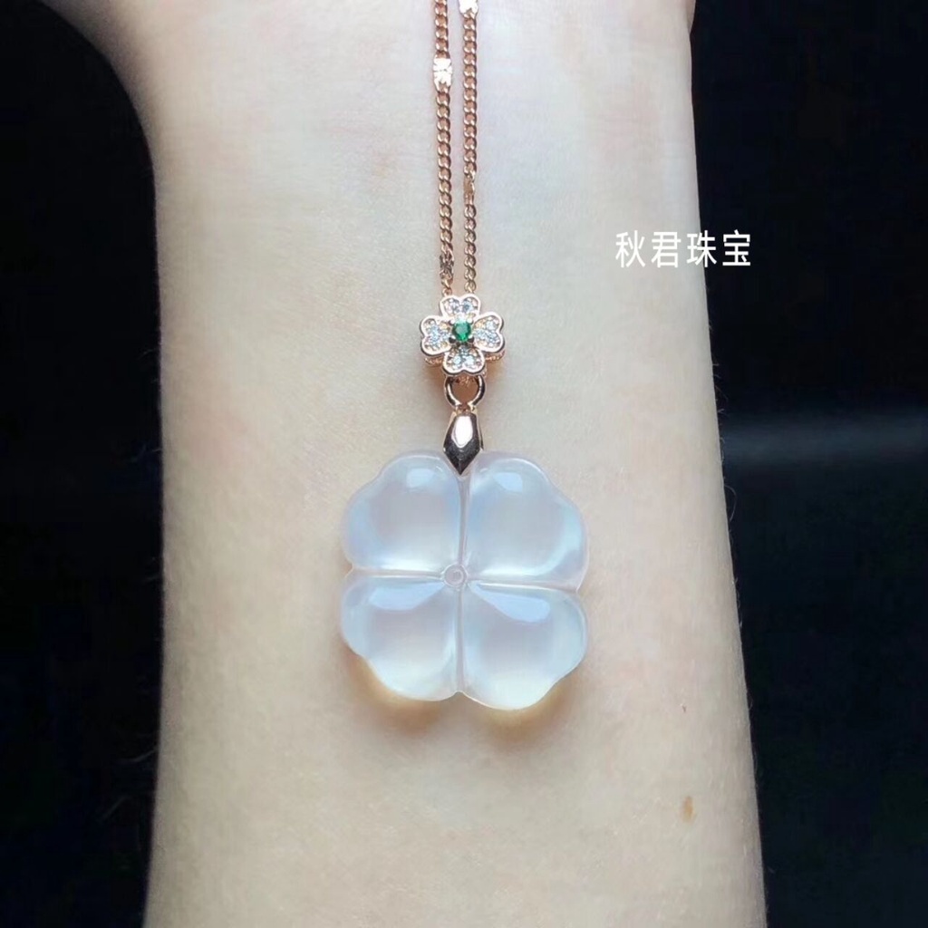 Mặt dây chuyền mạ bạc S925 hình cỏ bốn lá đá mã não trắng/đỏ/vàng hồng
